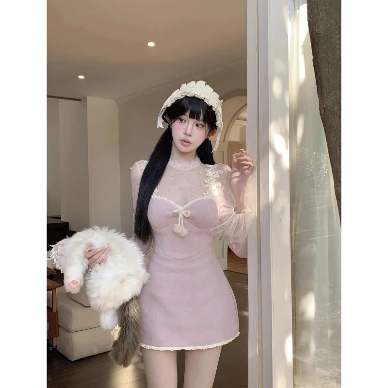 纯欲风甜美短裙春秋收腰显瘦蕾丝拼接吊带连衣裙+网纱上衣套装女