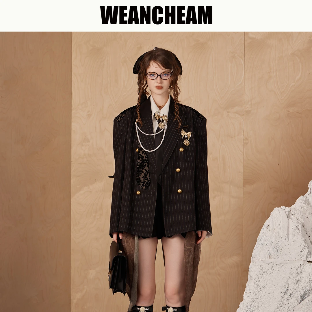 WEANCHEAM未未姆琥珀流光长袖条纹休闲后摆波浪西装外套W16QDT017