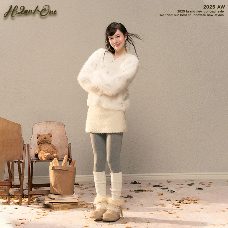 H2AN1 STUDIO 原创设计珍珠扣满天星环保仿貂毛针织开衫外套毛衣