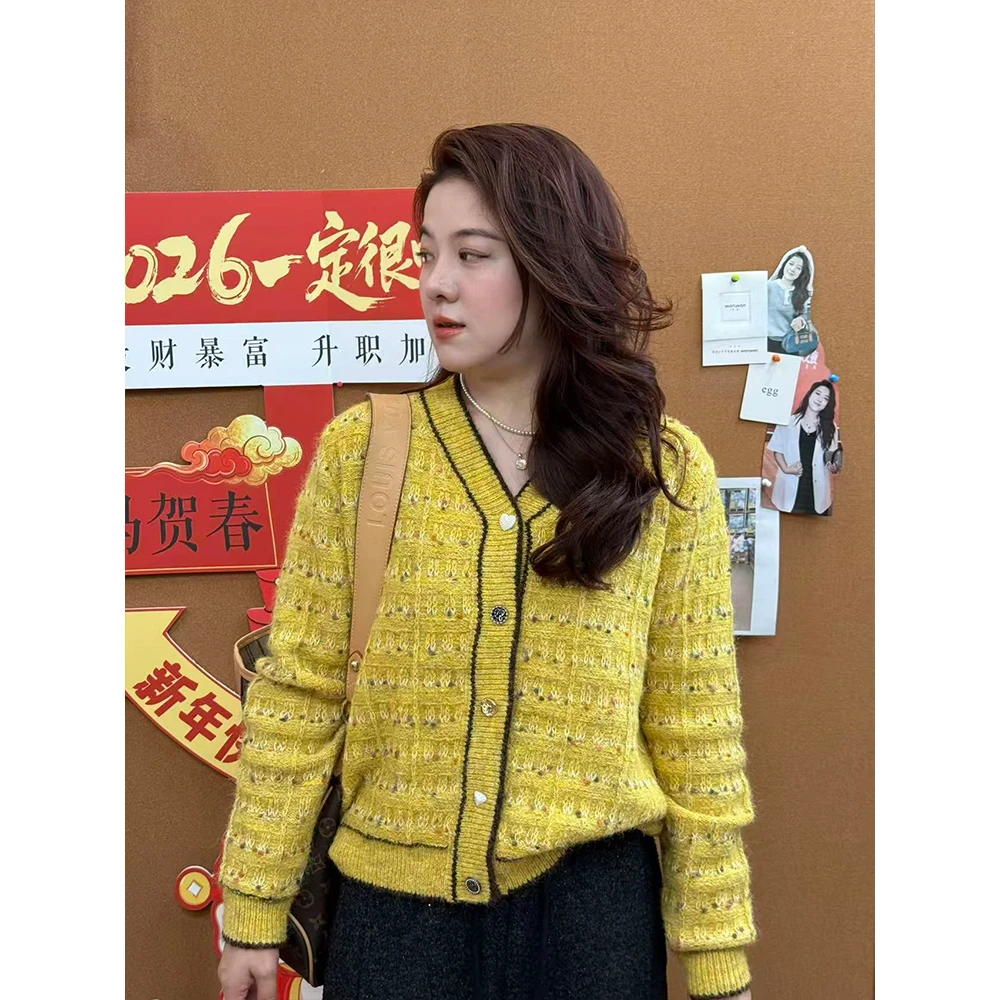 WenWen小个子2025秋冬新款V领小香风波点提花开衫毛衣外套4745