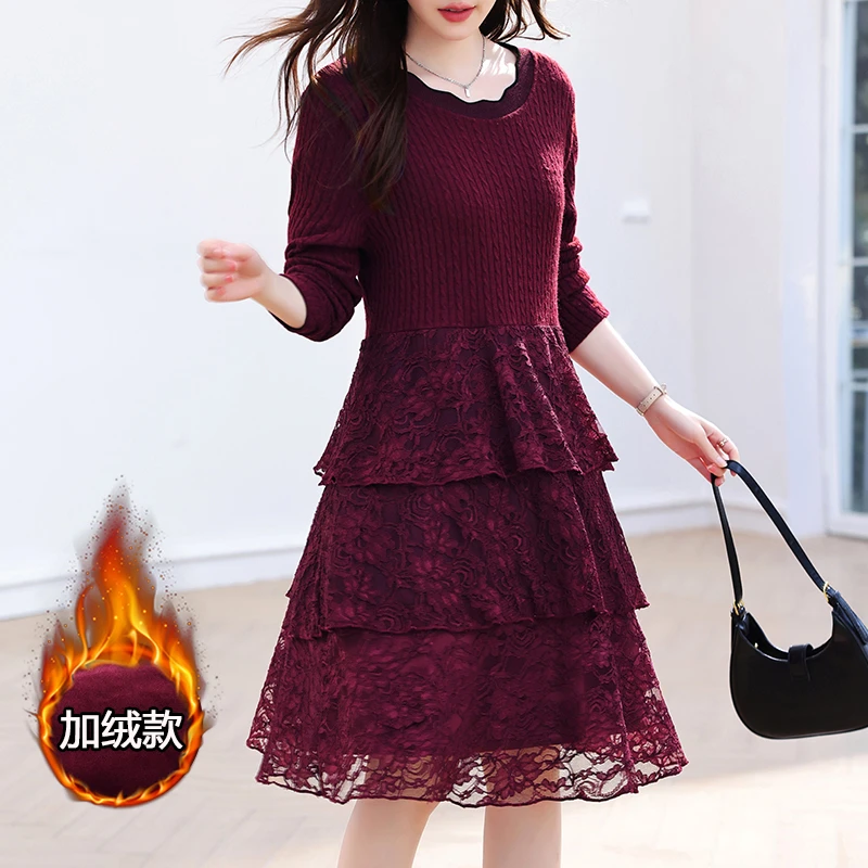 女冬新款大码宽松针织羊毛拼接蕾丝遮肚显瘦胖妈妈圆领套头蛋糕裙