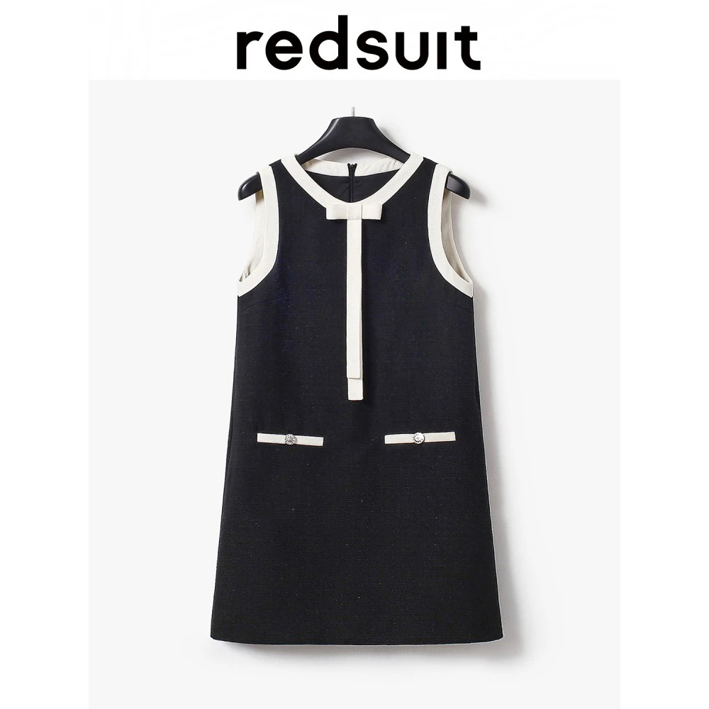 redsuit 法式复古撞色蝴蝶结飘带轻薄花呢小香风直筒无袖连衣裙