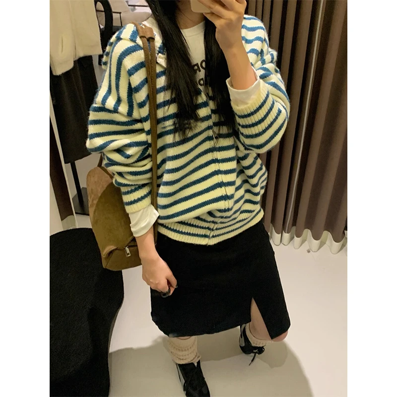 twomillion软糯治愈冬日温暖韩系条纹连帽拉链外套保暖毛衣