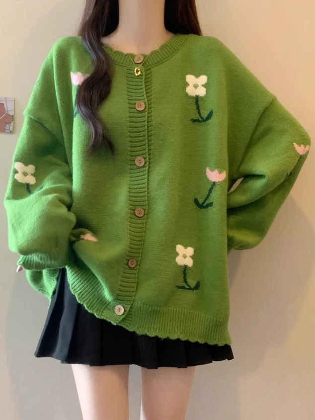 森系绿色花朵毛衣外套女2025秋冬慵懒高级感软糯气质针织开衫上衣