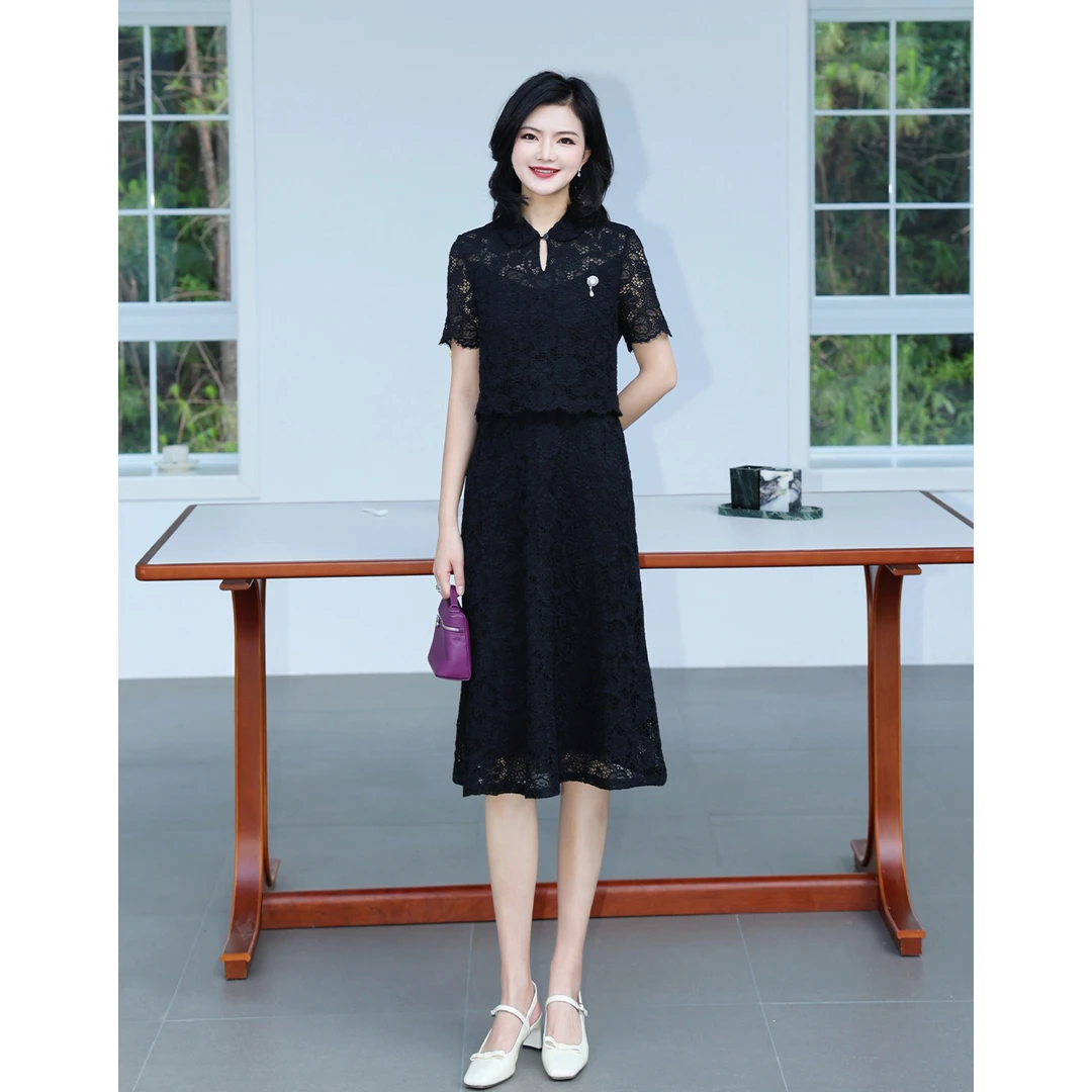 枫竺女装阿楠anan气质翻领假两件蕾丝连衣裙女夏季新款纯色裙子