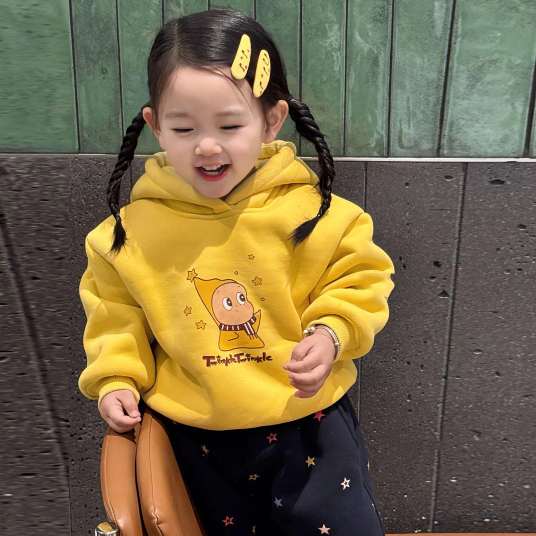 黄色加绒卫衣女童冬装2025新款洋气儿童卡通印花连帽上衣宝宝衣服