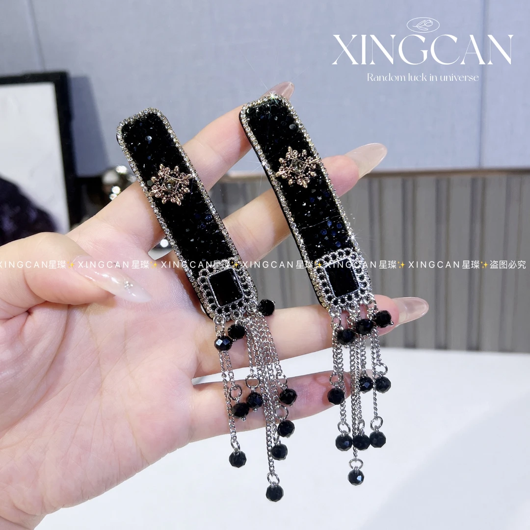 黑色流苏BB夹民族风森系女边夹休闲风发夹优雅黑色百搭法式