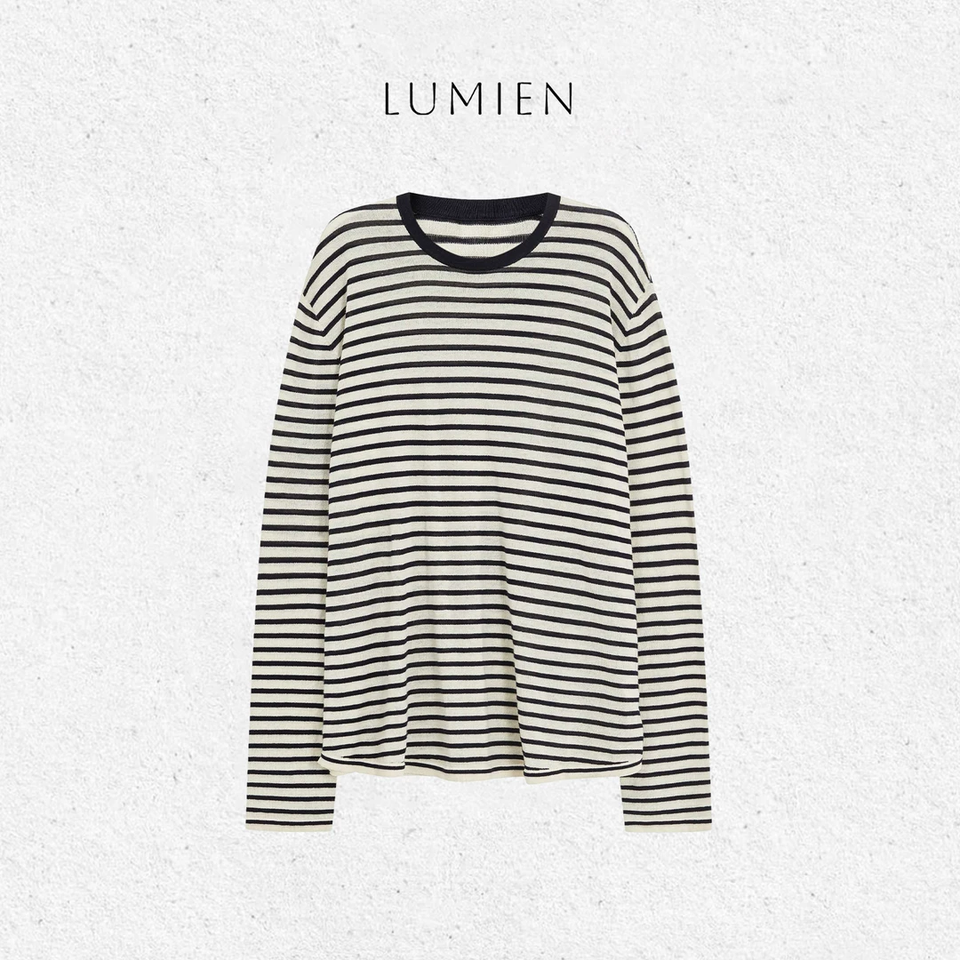 【LUMIEN】慵懒风休闲百搭亚麻上衣宽松圆领条纹长袖T恤LX5DSS203