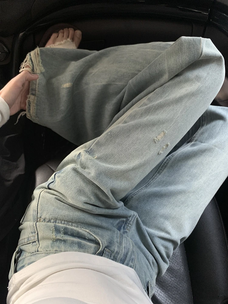 大码复古水洗破洞设计阔腿牛仔裤女夏季宽松显瘦休闲垂感拖地裤子