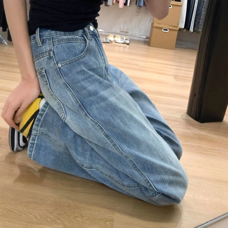 软牛仔裤女弹力2025新款高腰垂感直筒宽松小个子阔腿长裤子女浅色