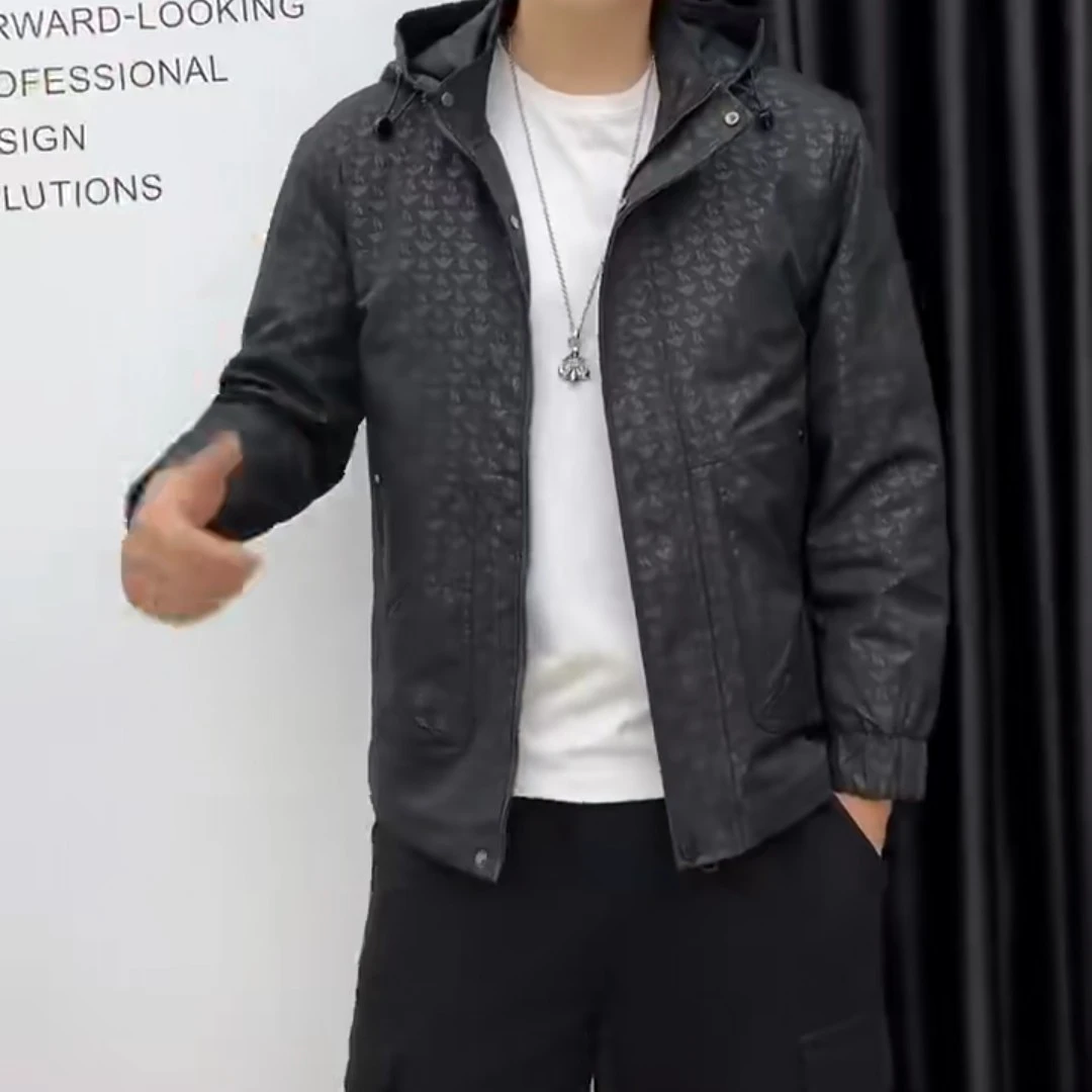 尹男士高端提花拼接连帽休闲夹棉外套2024冬季新款时尚夹克男上衣