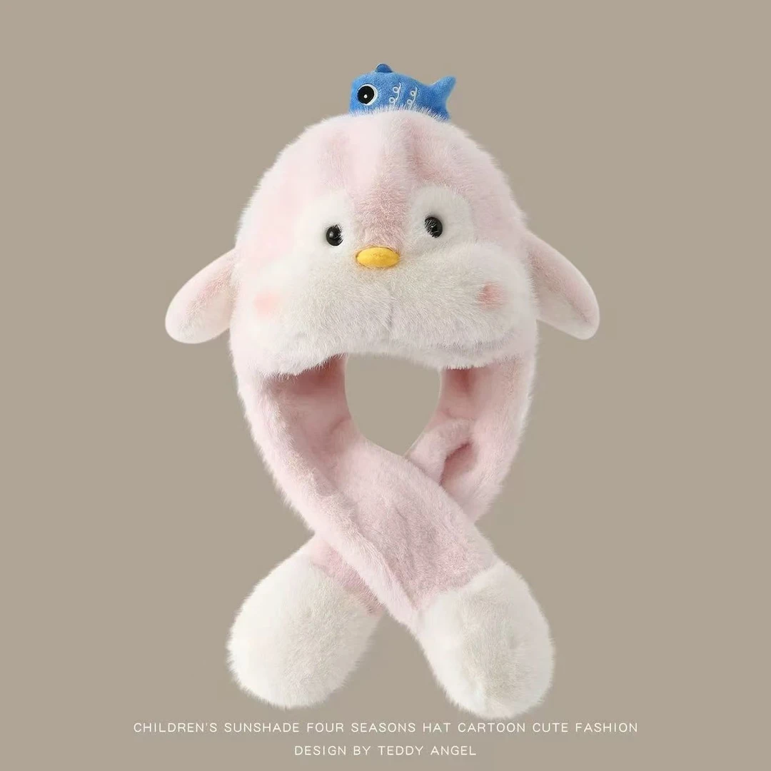 儿童帽子围脖一体宝宝可爱耳朵会动毛绒帽男童女童秋冬保暖护耳JY