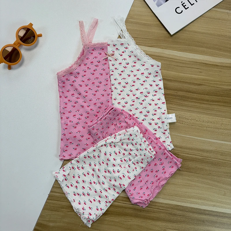 9092女童碎花套装吊带短裤两件套