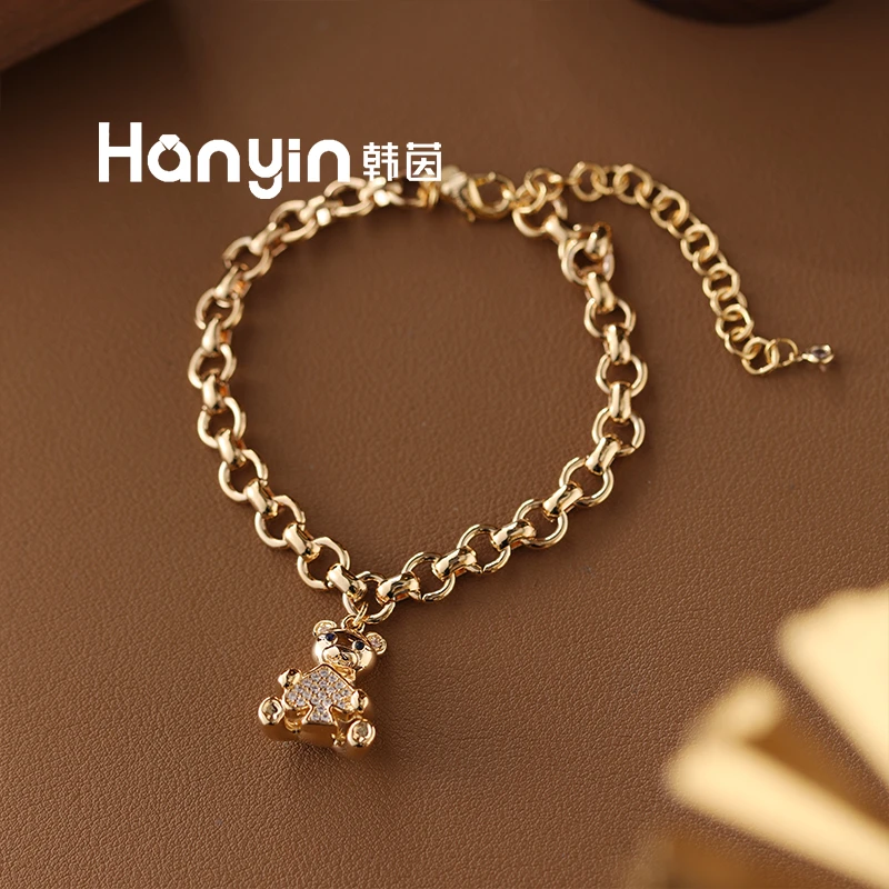 铜合金合成锆石手链 光面微镶黑桃小熊手链AAA