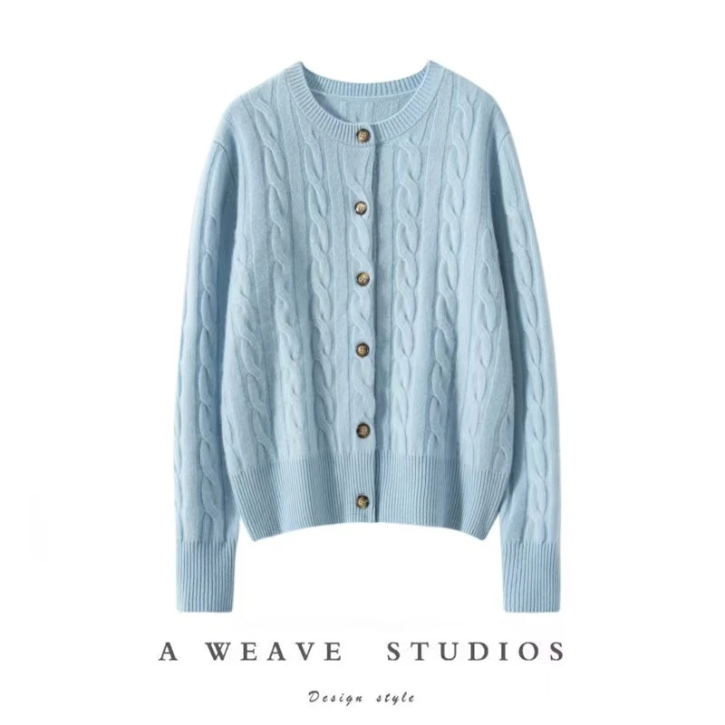 时尚绞花~新款羊绒开衫加厚圆领女宽松外套针织外搭毛衣秋冬