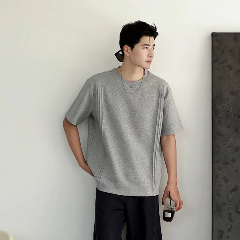 夏季纯色cleanfit短袖t恤男简约宽松boxy正肩解构拼接半袖上衣潮