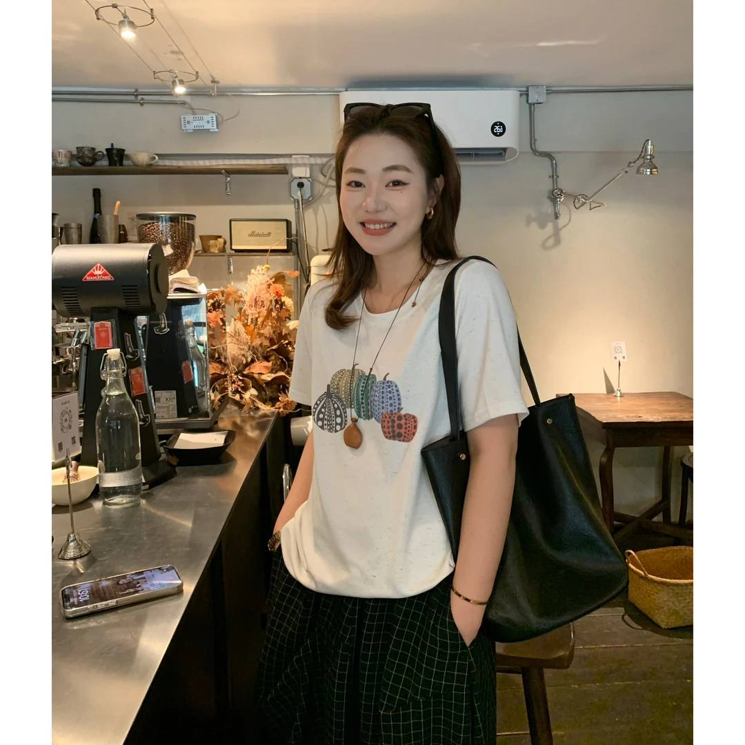 现货大婉酱微胖定制莱赛尔亚麻卡通彩色南瓜印花T恤女夏上衣8284D