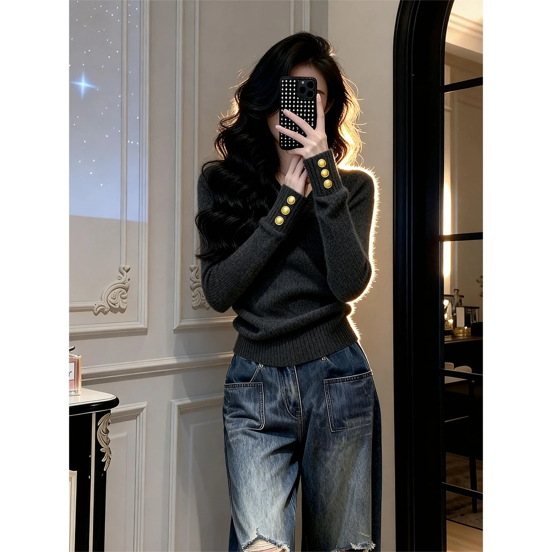 复古慵懒风长袖V领针织衫女秋冬季新款爆款穿搭休闲显瘦长袖上衣