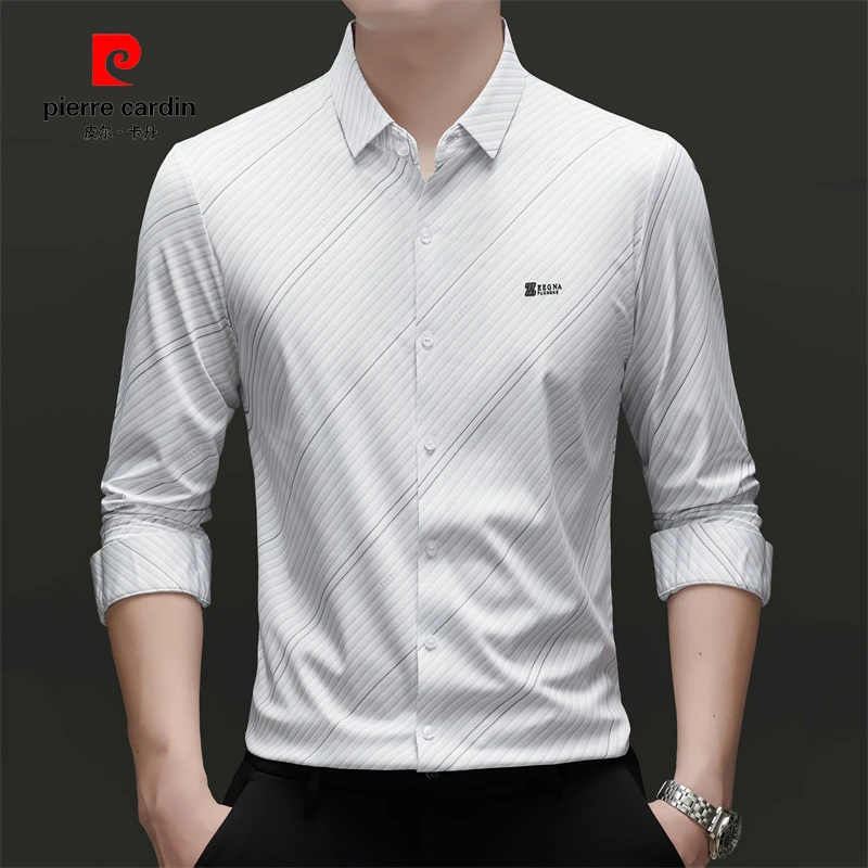皮尔卡丹正品春季男士长袖休闲衬衫高档衬衣高品质冰丝竖条纹衬衫