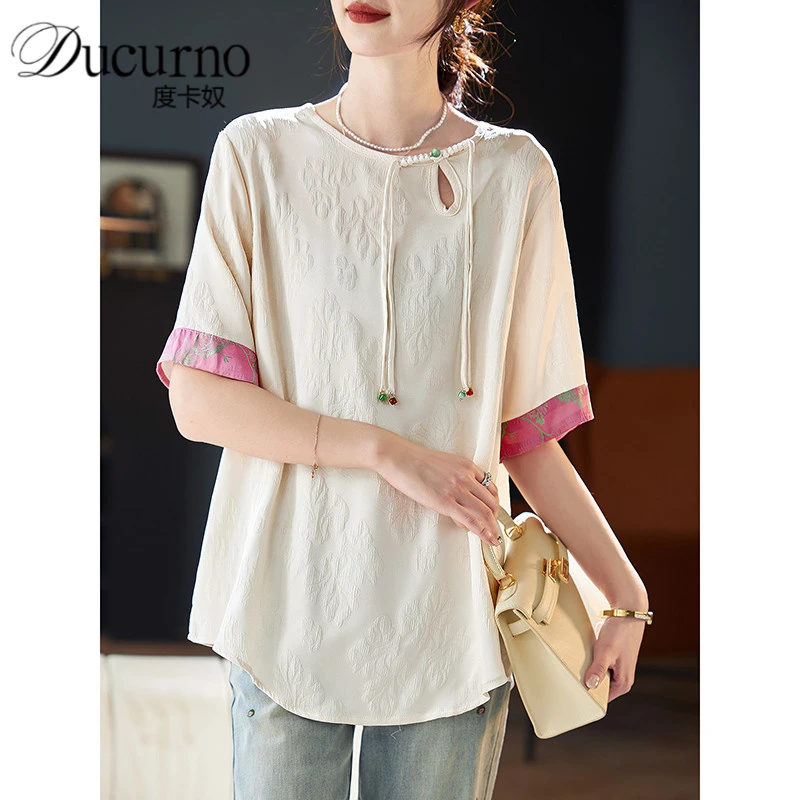 中国风圆领提花拼接短袖T恤2025夏季简约新中式百搭宽松雪纺上衣