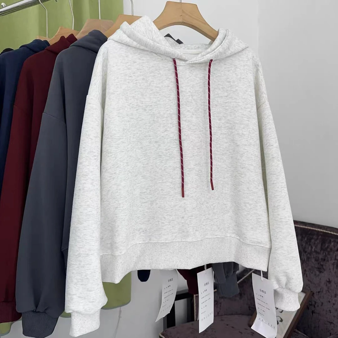 韩版撞色抽绳短款卫衣女连帽秋季简约百搭宽松长袖上衣