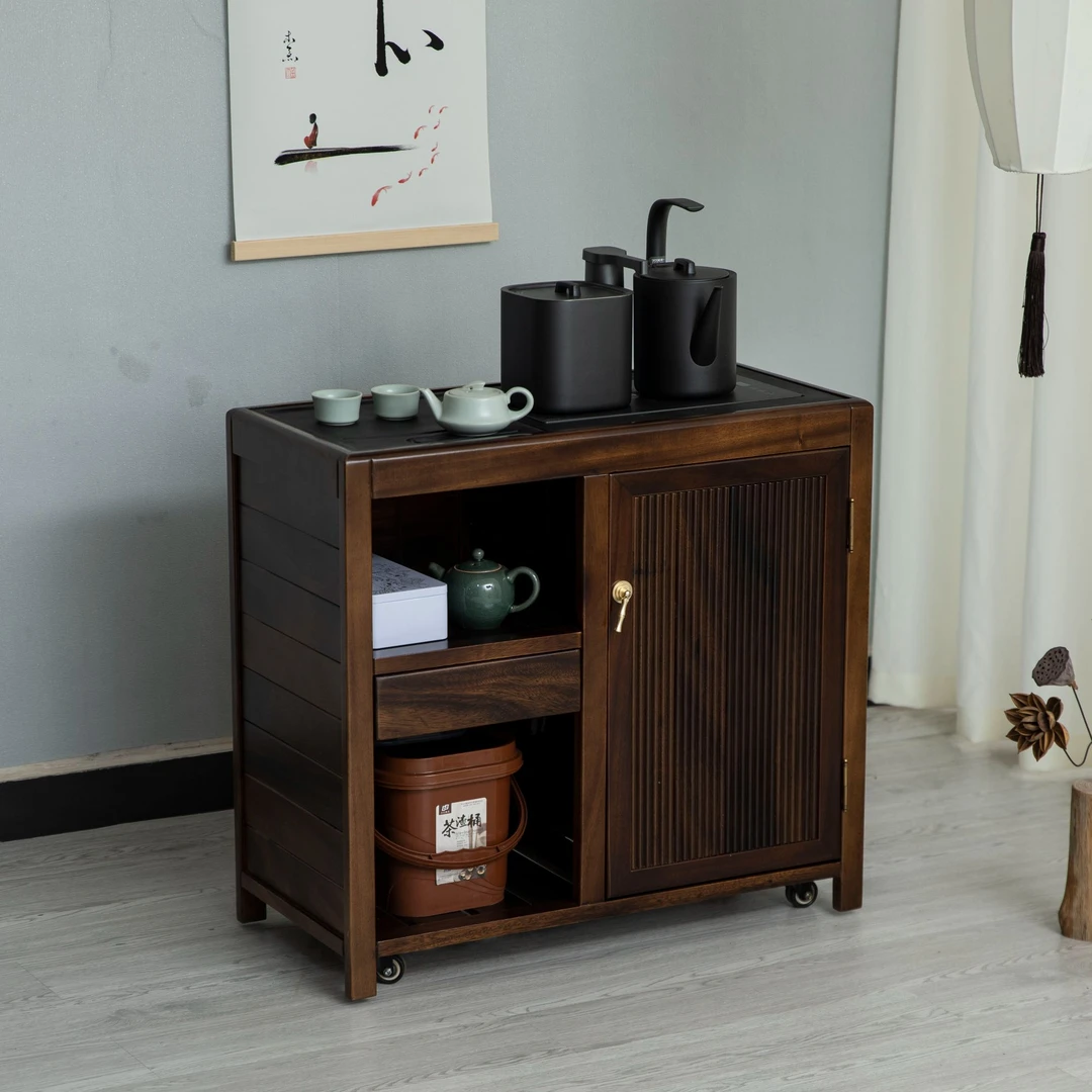 胡桃木移动泡茶台办公室茶几客厅烧水壶一体实木茶水柜轻奢煮茶柜