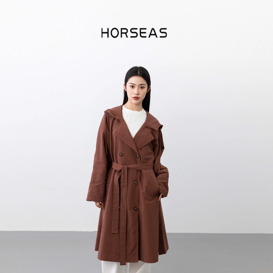 THE HORSEAS/海边的马汉麻混纺安可拉红系带春款双排扣外套风衣