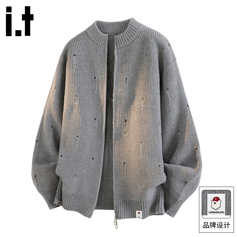 it :CHOCOOLATE复古破洞针织衫男士春秋宽松开衫美式休闲毛衣外套