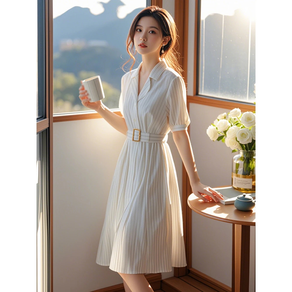 穿出自在~夏季小个子显高遮肉显瘦法式简单大方白色条纹连衣裙