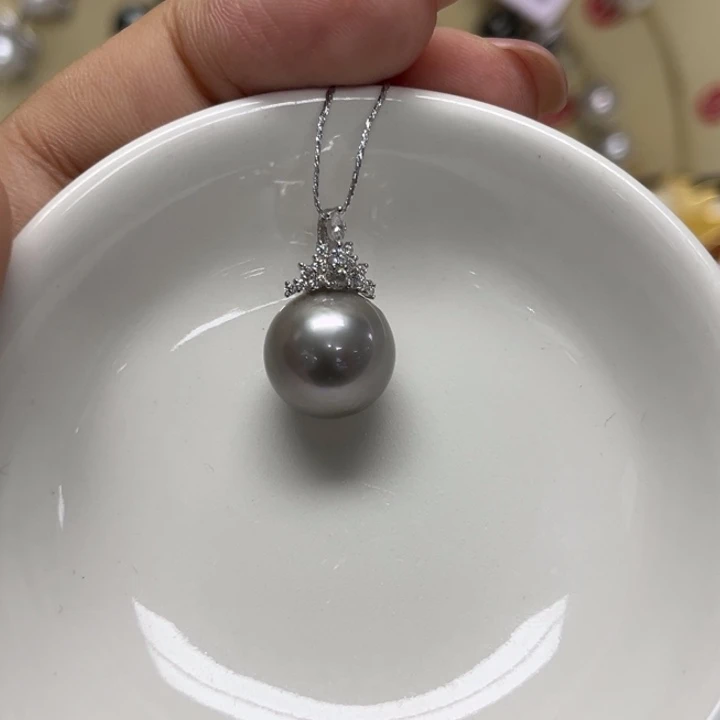 海水珍珠颈饰银S925镶嵌大溪地铂金灰12-13mm21号
