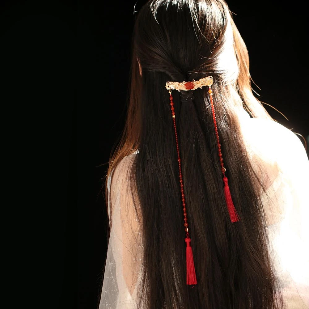 春日宴~中式红色流苏束发夹 国风复古马面裙弹簧夹配饰汉服战国袍