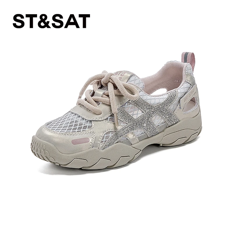 星期六网面镂空运动休闲鞋女2025夏季新款透气舒适时尚水钻德训鞋