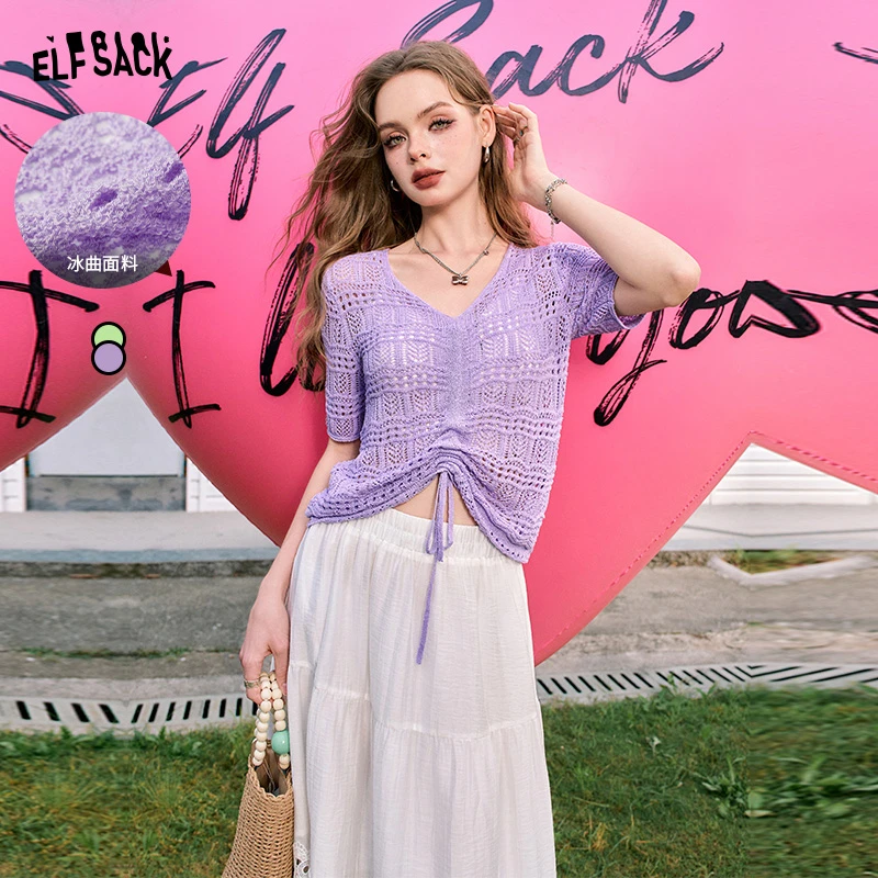 【小铃铛】妖精的口袋万物生长镂空抽褶冰曲短袖针织衫女