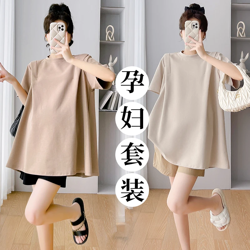 孕妇2025夏季新款气质休闲圆领T恤+短裤小个子宽松大码两件套装