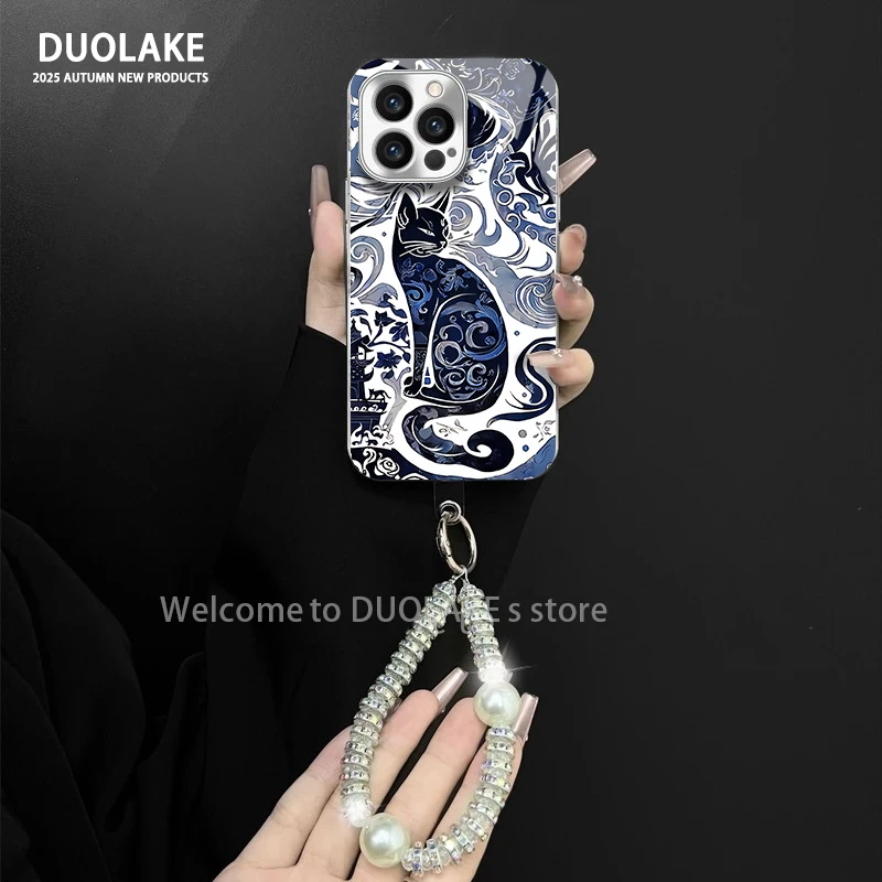 适用于苹果/oppo/华为/vivo/小米青花瓷猫咪电镀玻璃手链手机壳女