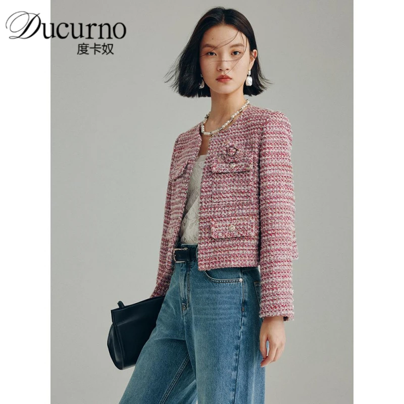 时尚小香风短外套女2025年秋季新款红色气质短款复古粗花呢上衣