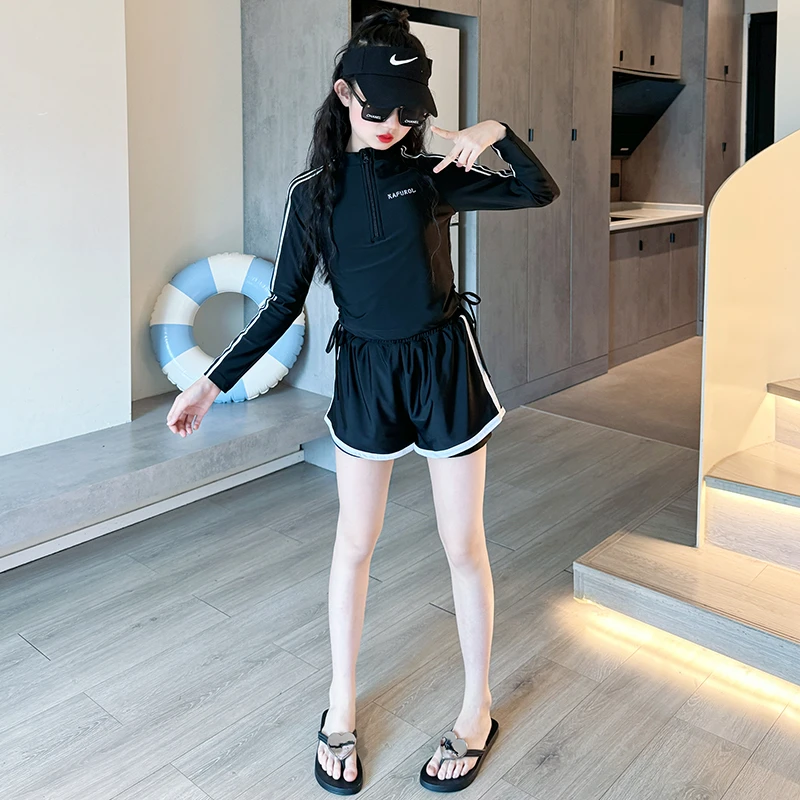 女童泳衣2025新款儿童高颜值分体泳装12岁女大童长袖速干游泳衣10