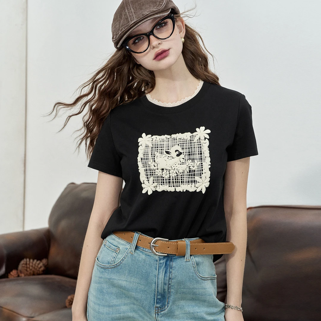 5031【赵老板】妖精的口袋甜心鹿系列夏季新款蕾丝拼接T恤女甜