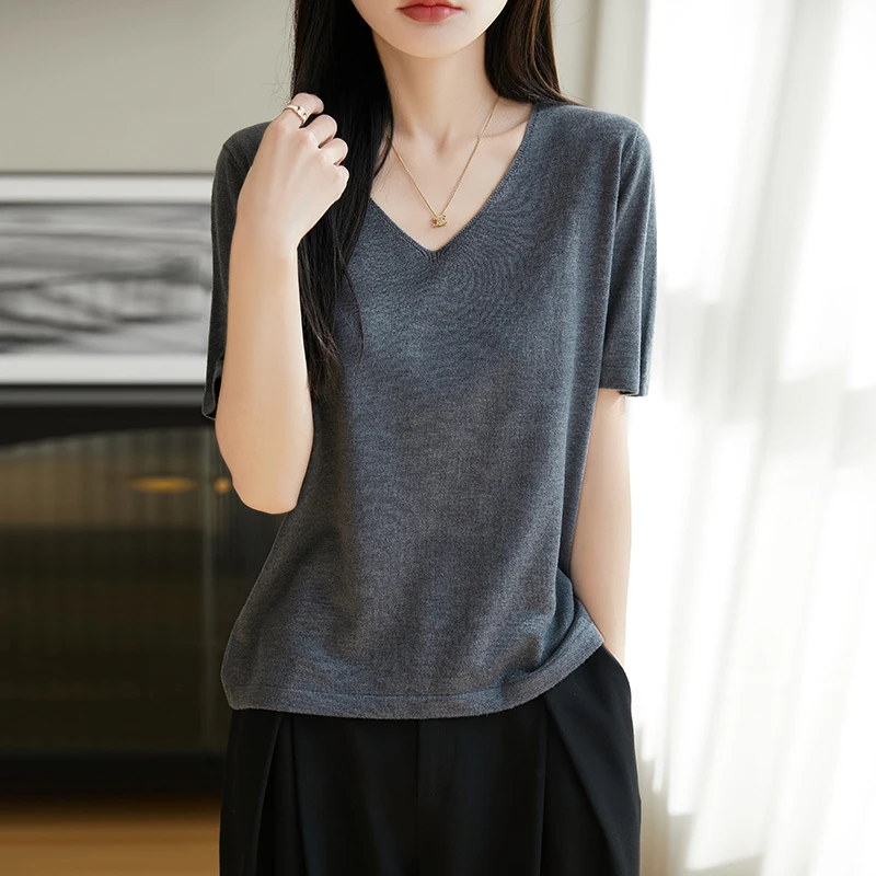 春夏精纺莱赛尔桑蚕丝羊毛V领短袖针织短袖T恤女薄款夏针织半袖