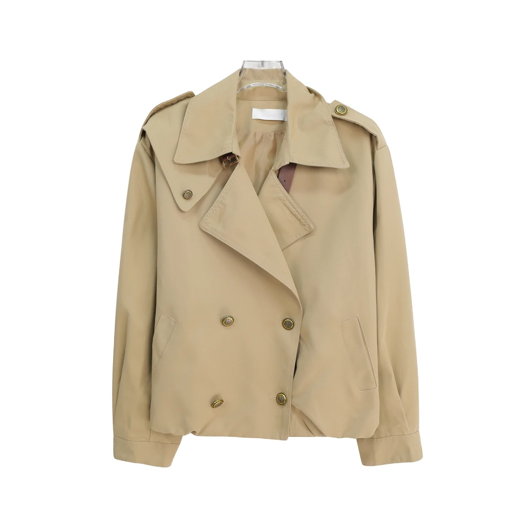 S韩版简约纯色高级感名媛精致翻领短风衣S4833