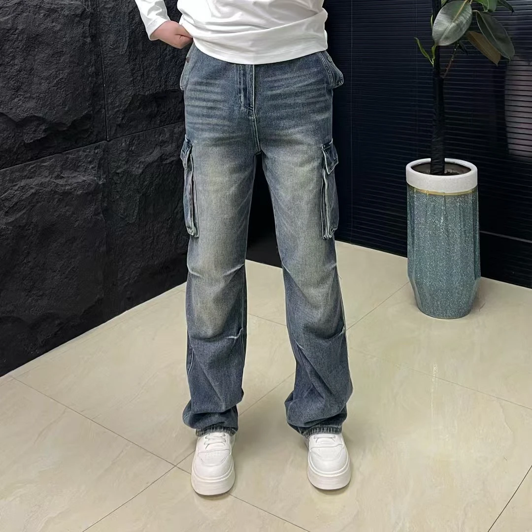 工装牛仔裤男春夏新款高街美式复古蓝色宽松牛仔裤