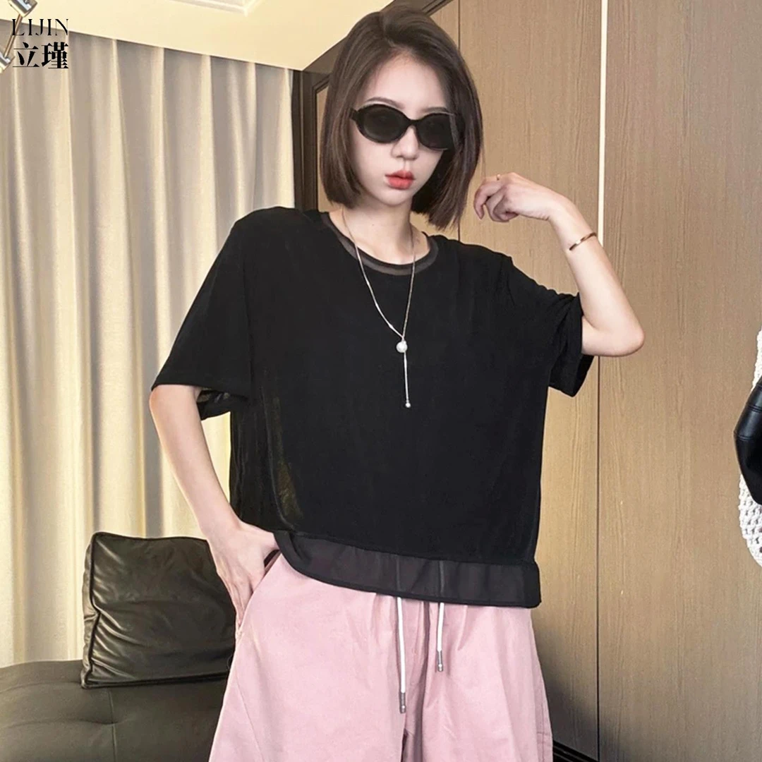 黑色轻纱醋酸短袖女t恤2025新款爆款夏季薄款轻奢高女款圆领t恤