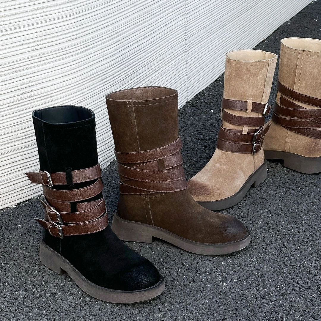 【敏敏家】7688-1冬季新款中筒靴磨砂皮复古百搭皮带扣马丁靴