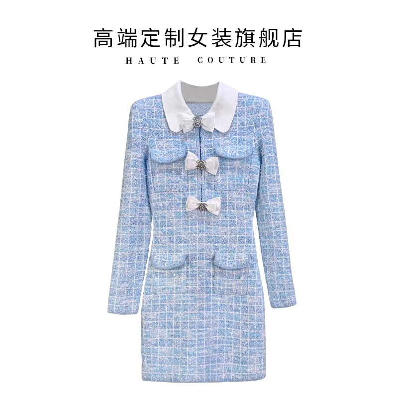 【SHIBO】春季2025法式名媛小香风气质蝴蝶结撞色翻领收腰连衣裙女