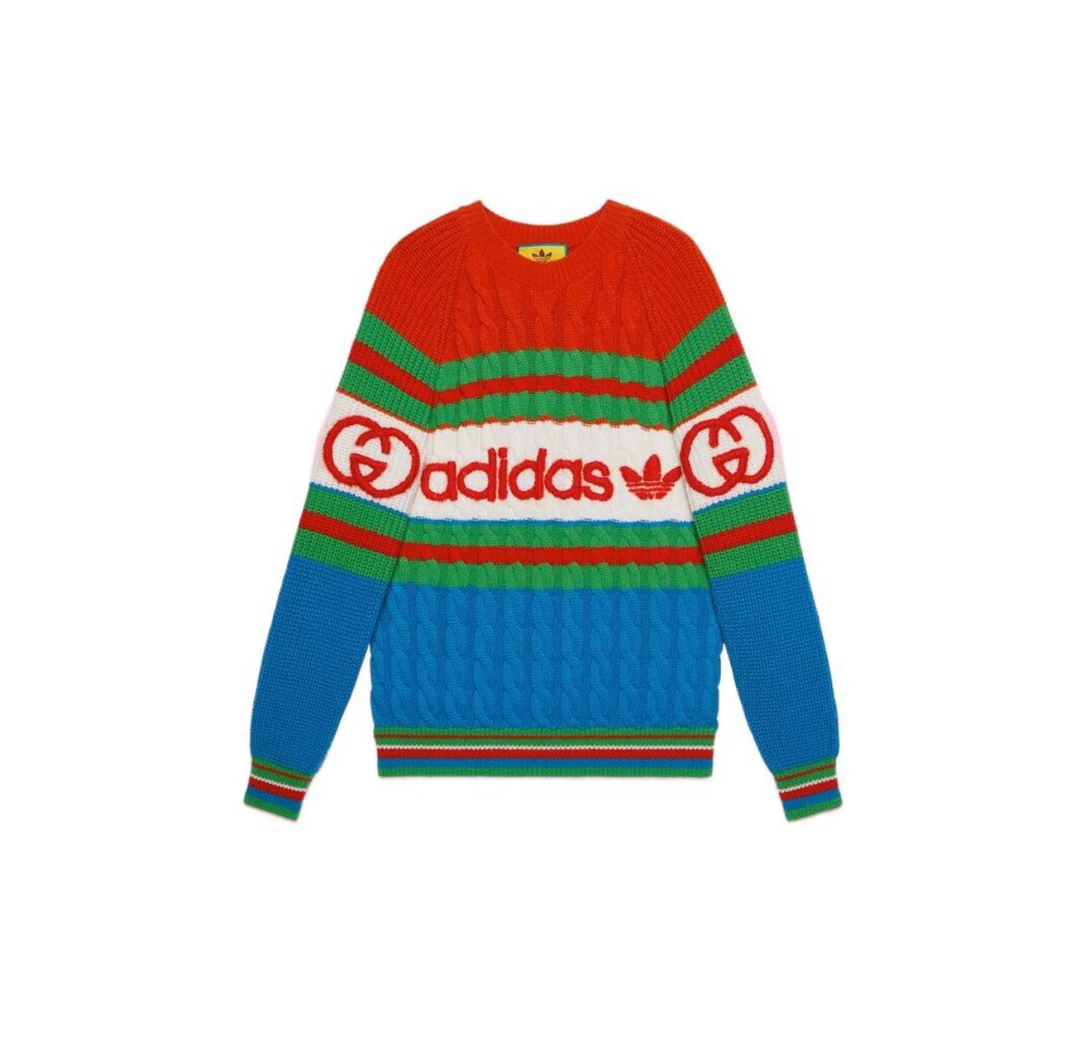 未使用 GUCCI/古驰 x Adidas 联名款 红绿蓝骈色 圆领编织 羊毛衫