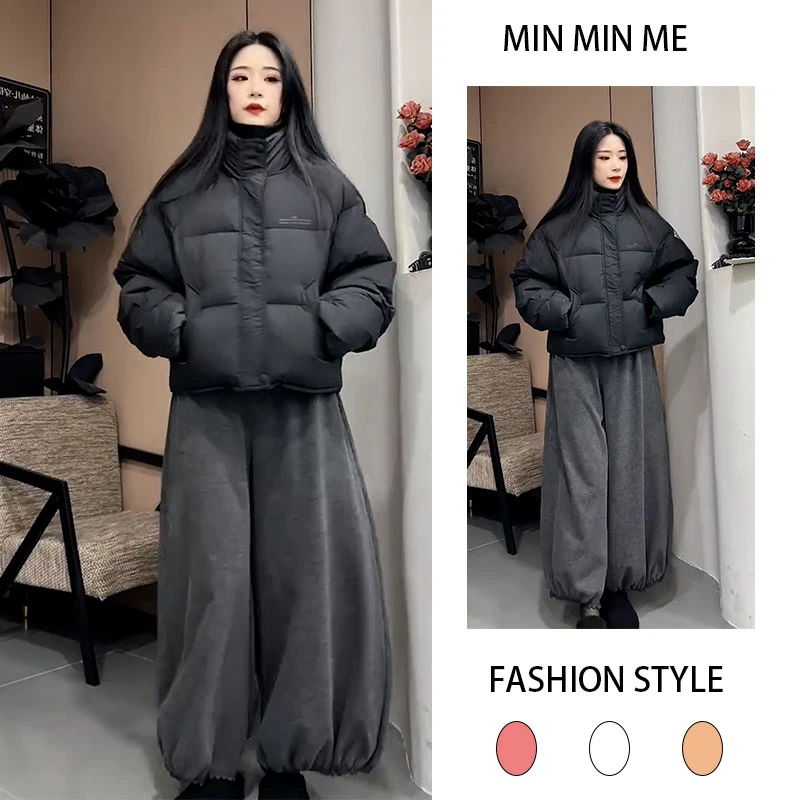 2025秋冬季新款设计感立领棉服外套女搭加绒休闲百搭阔腿裤两件套