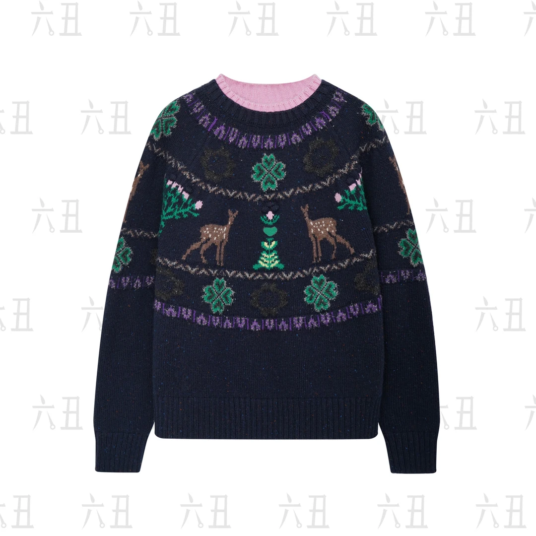 【六丑】新款冬季时尚通勤百搭高级粉领小鹿印花针织衫511ZZS0143