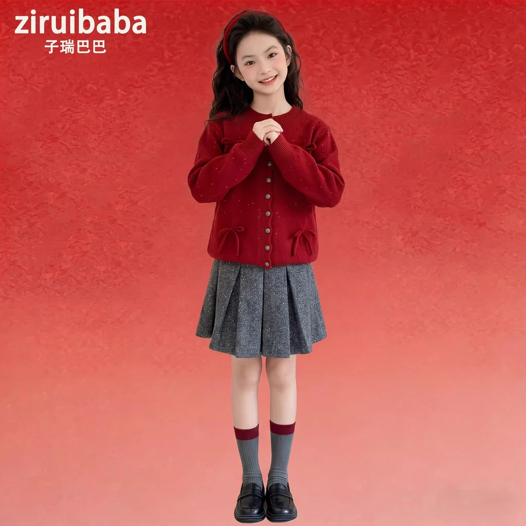 韩系红色女童套装2026新款女孩冬装超好看毛衣儿童本命年新年衣服
