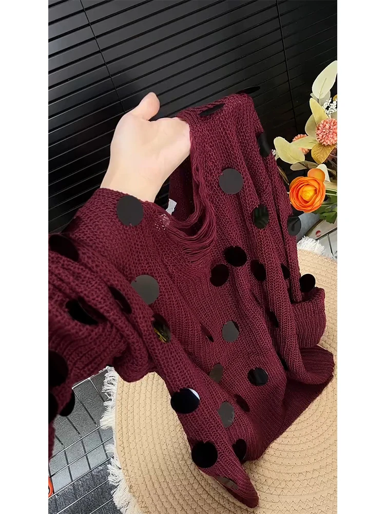 小众酒红色重工亮片长袖套头针织衫女秋设计感慵懒风宽松百搭上衣