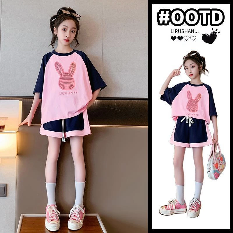 女童套装夏款2025新款洋气时髦儿童短袖T恤夏季女大童夏装两件套